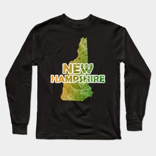 Colorful mandala art map of New Hampshire with text in green and orange Long Sleeve T-Shirt